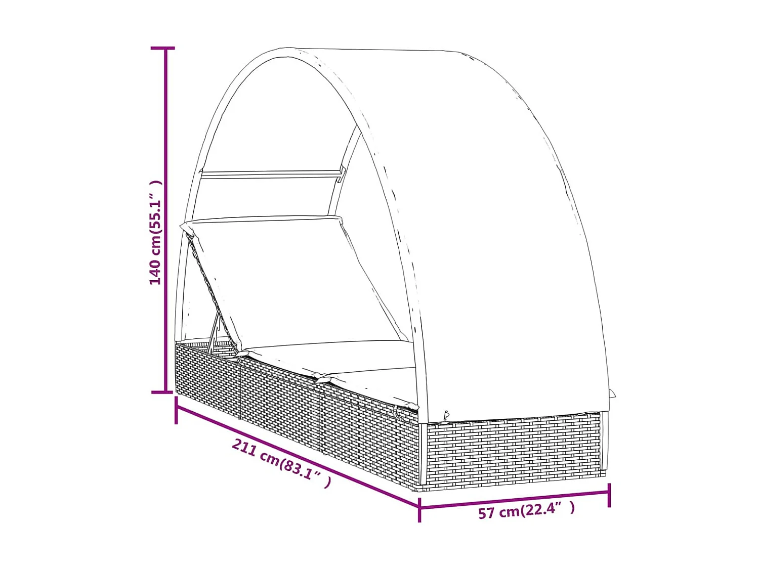 Chaise longue avec toit rond noir 211x57x140 cm résine tressée