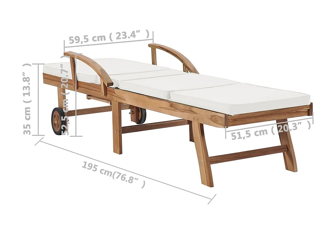 Chaises longues avec coussins 2 pcs Bois de teck solide Crème