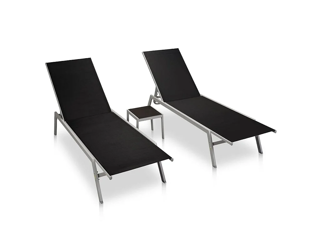 Chaises longues 2 pcs avec table Acier et textilène Noir