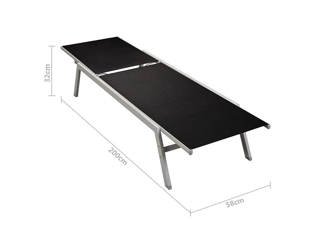 2 Stück Liegestühle mit Tisch Stahl und Textilene Schwarz