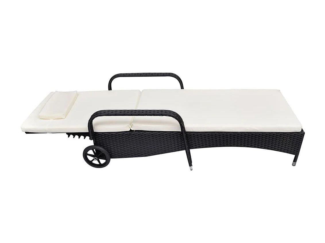Chaise longue avec coussin et roues Résine tressée Noir