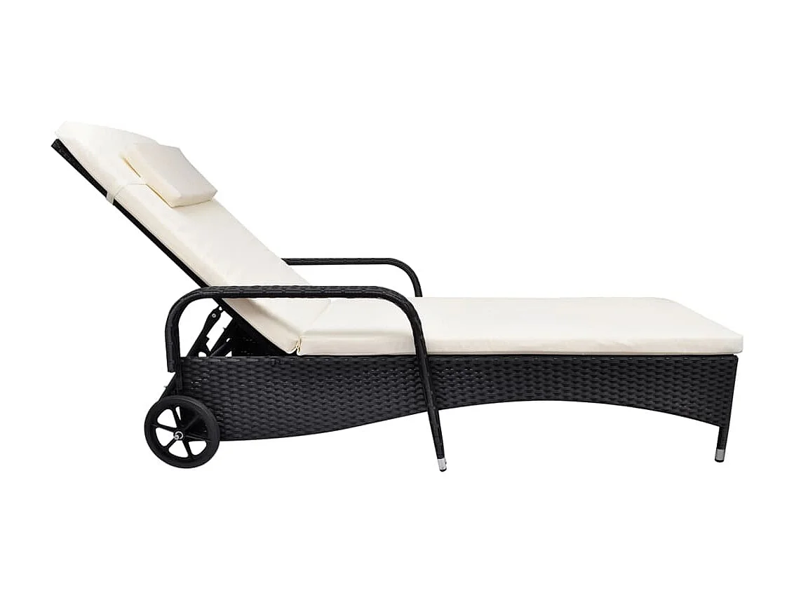 Chaise longue avec coussin et roues Résine tressée Noir