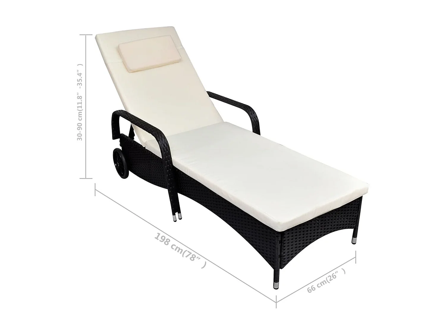 Chaise longue avec coussin et roues Résine tressée Noir