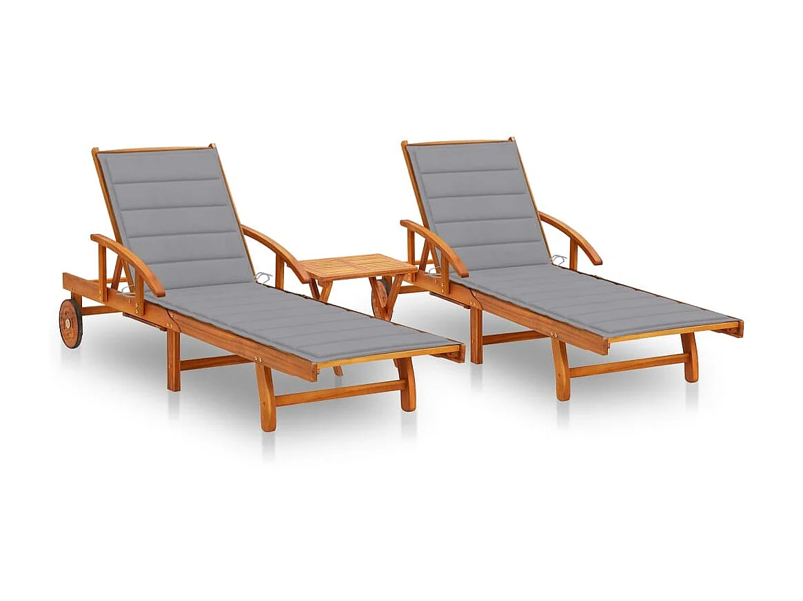 2 Stück Loungesessel mit Tisch und Kissen aus massiver Akazie