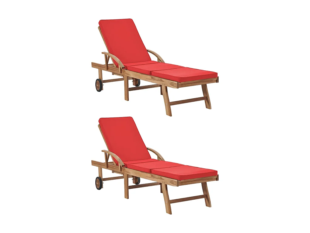 Chaises longues avec coussins 2 pcs Bois de teck solide Rouge