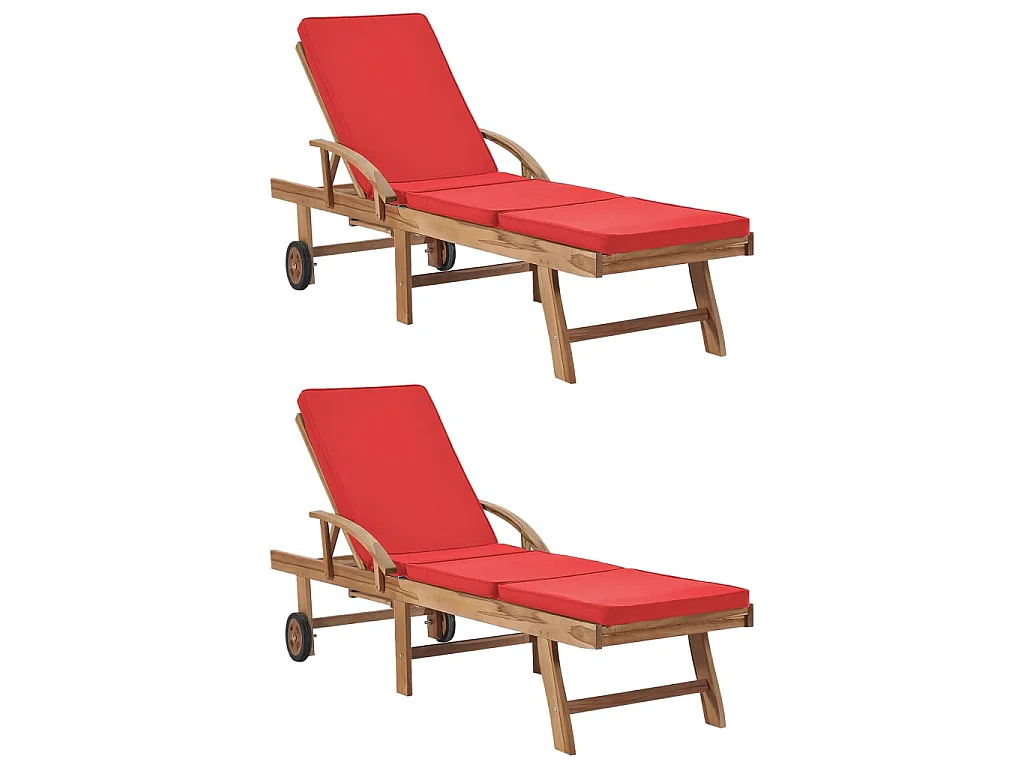 Chaises longues avec coussins 2 pcs Bois de teck solide Rouge