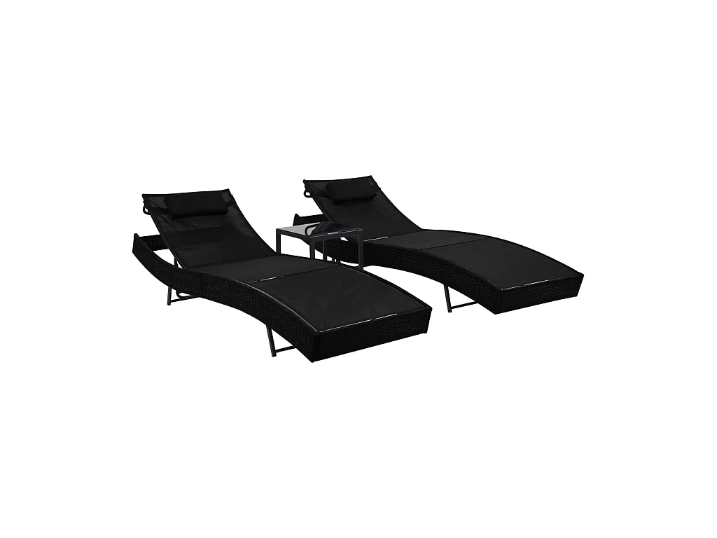 Chaises longues 2 pcs et table Résine tressée et textilène Noir