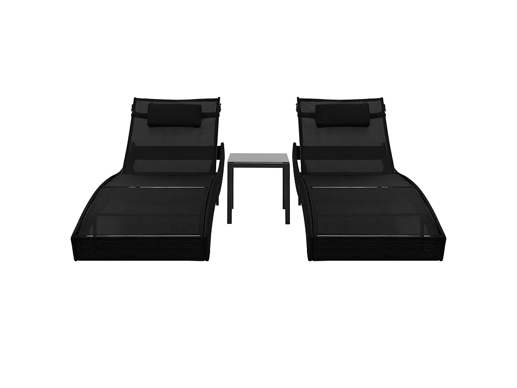 Chaises longues 2 pcs et table Résine tressée et textilène Noir