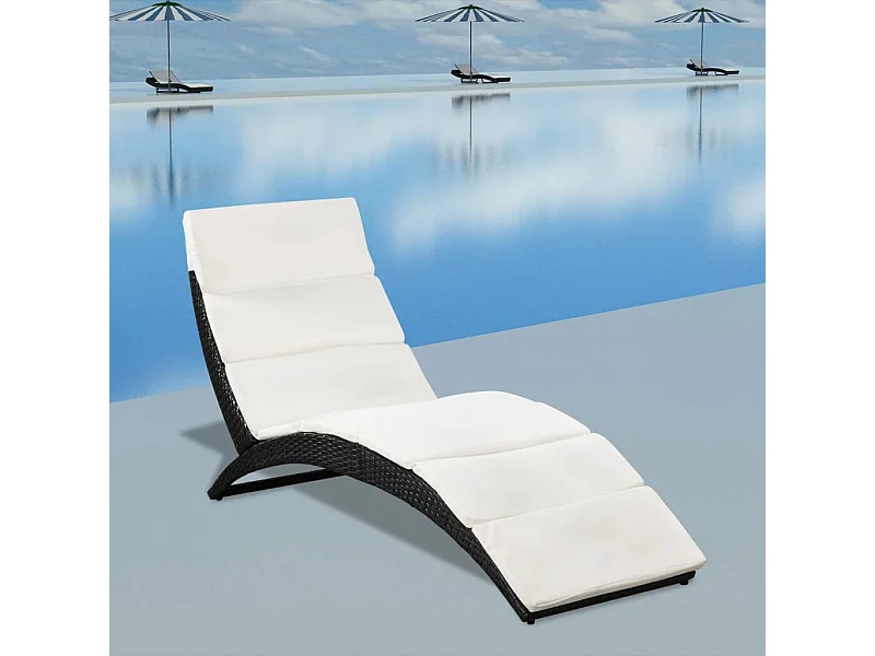 Chaise longue pliable avec coussin Résine tressée Noir