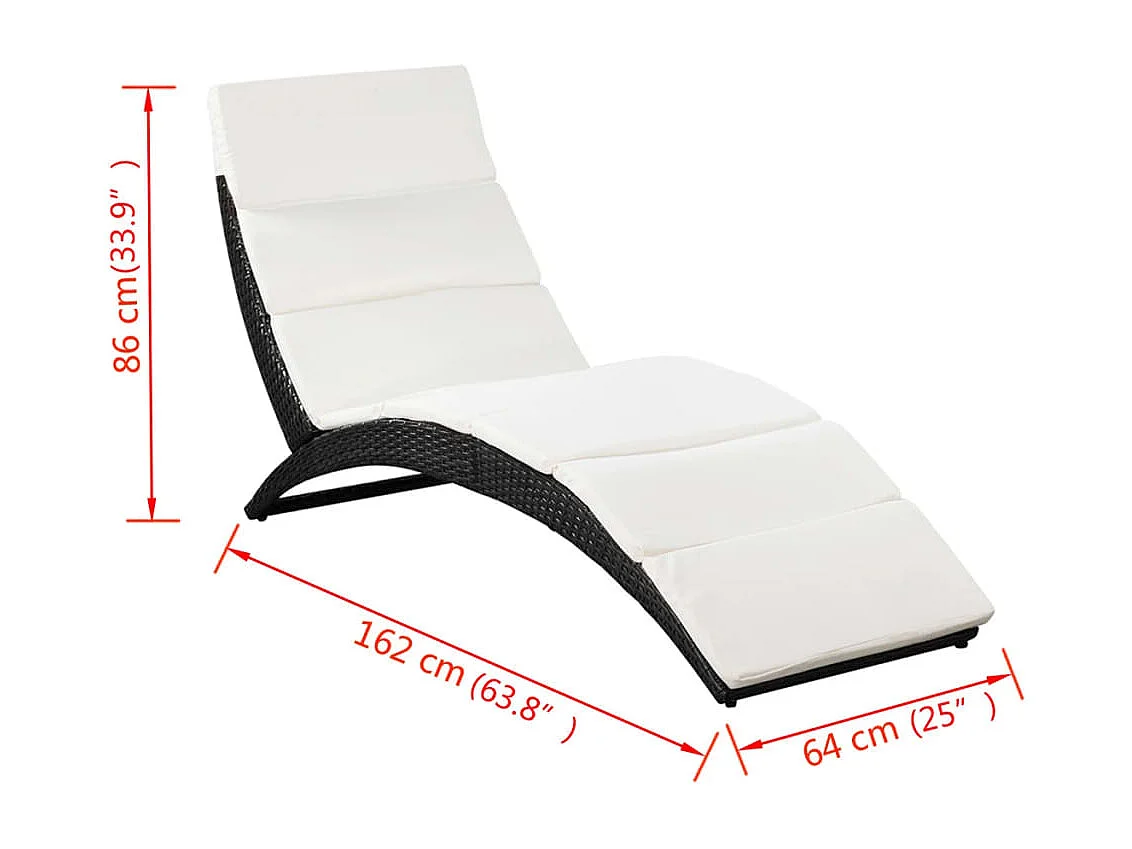 Chaise longue pliable avec coussin Résine tressée Noir