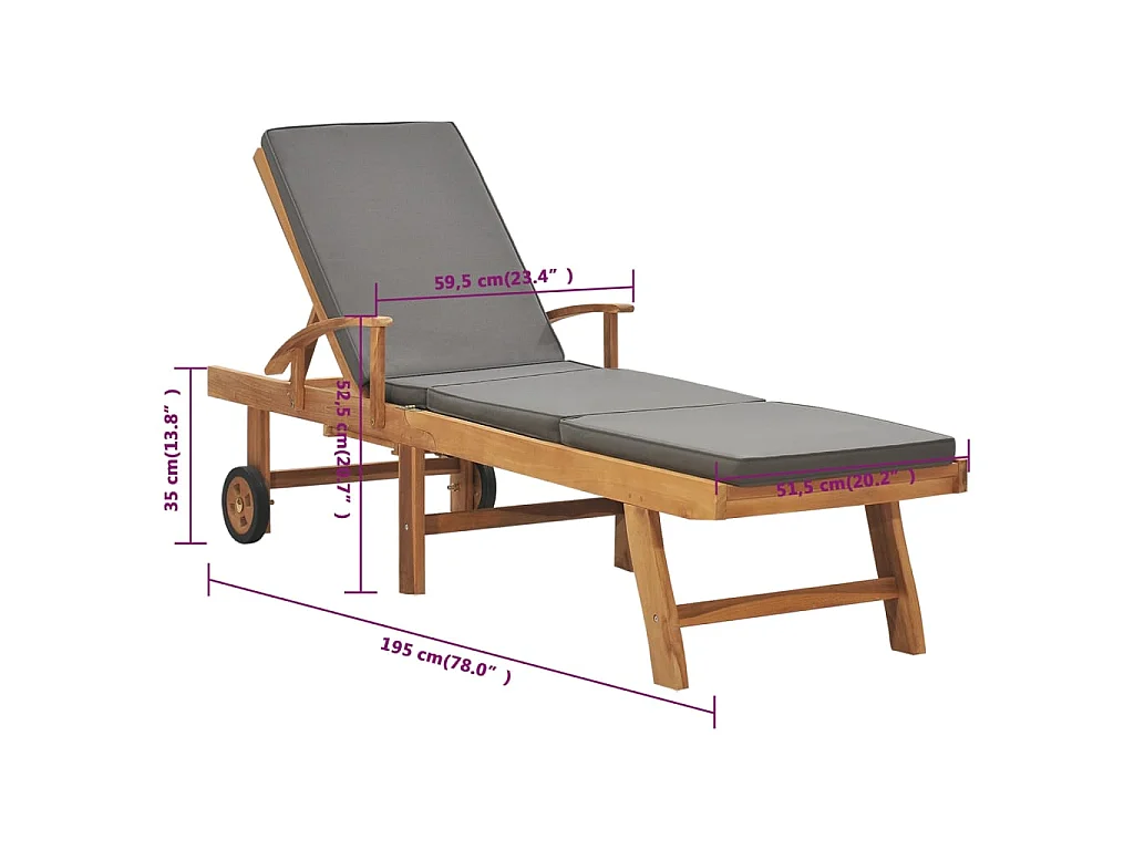 Chaise longue avec coussin Bois de teck solide Gris foncé