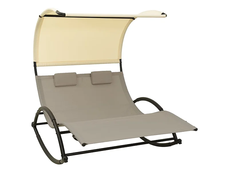 Chaise longue double avec auvent Textilène Taupe et crème