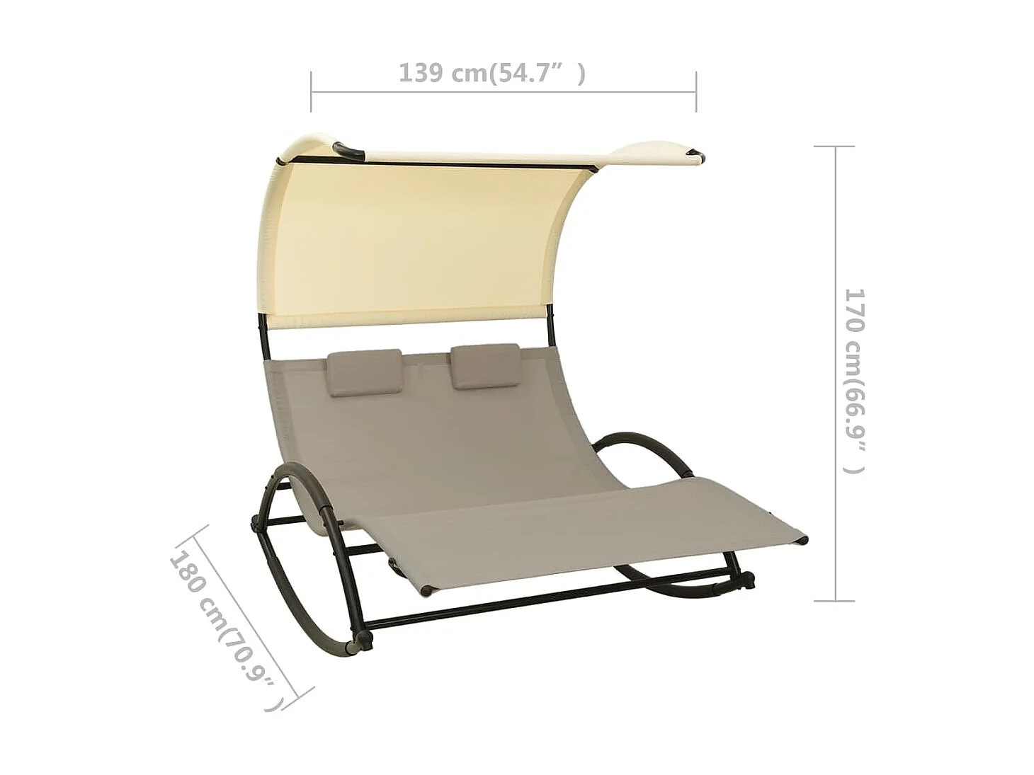 Chaise longue double avec auvent Textilène Taupe et crème