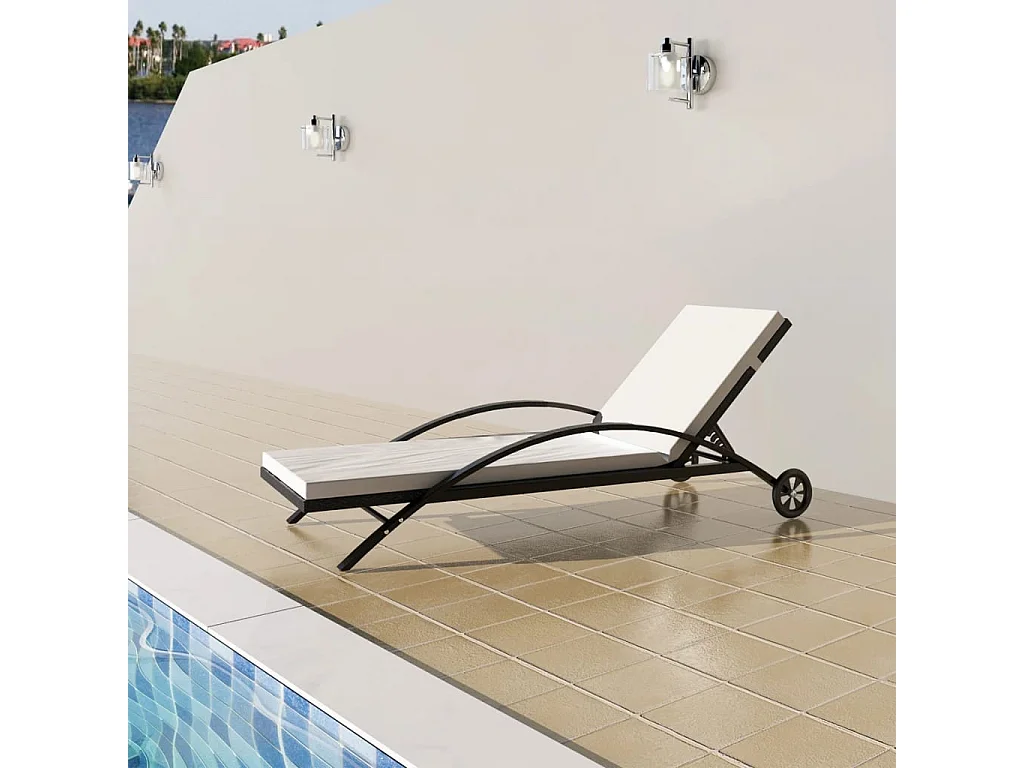 Chaise longue avec coussin et roues Résine tressée Noir