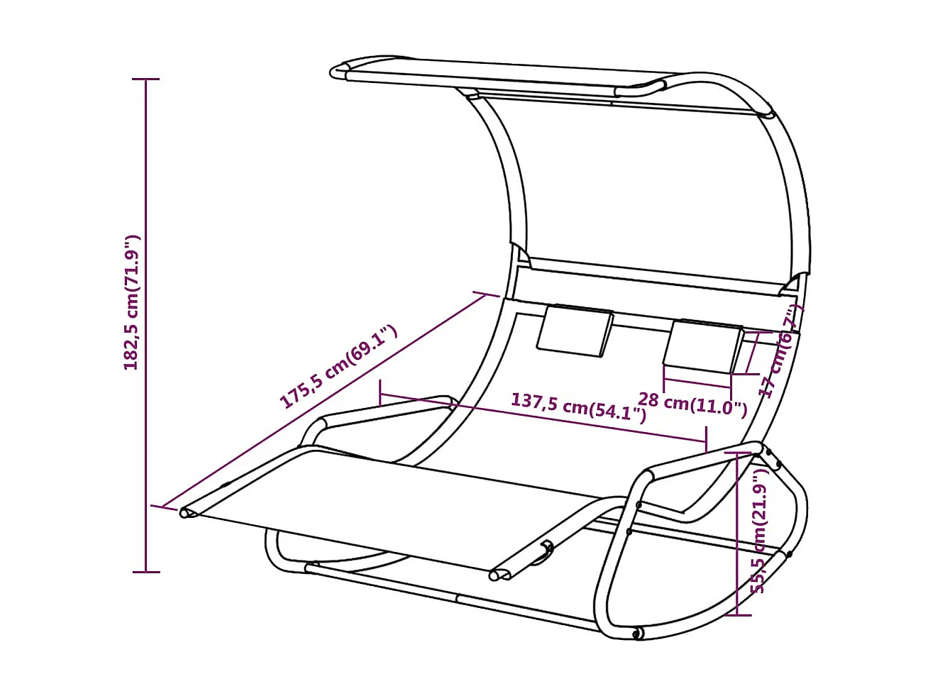 Chaise longue double à bascule avec auvent Vert et crème