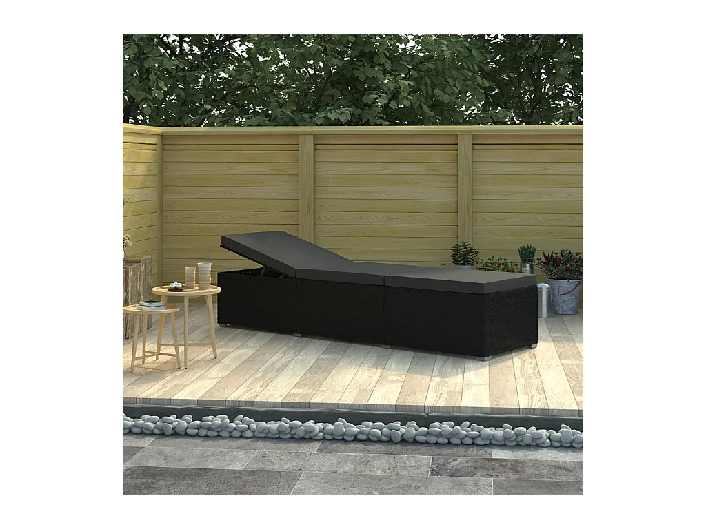 Chaise longue avec coussin Résine tressée Noir
