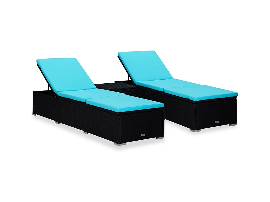 Chaises longues de jardin table à thé 3 pcs Résine tressée Noir