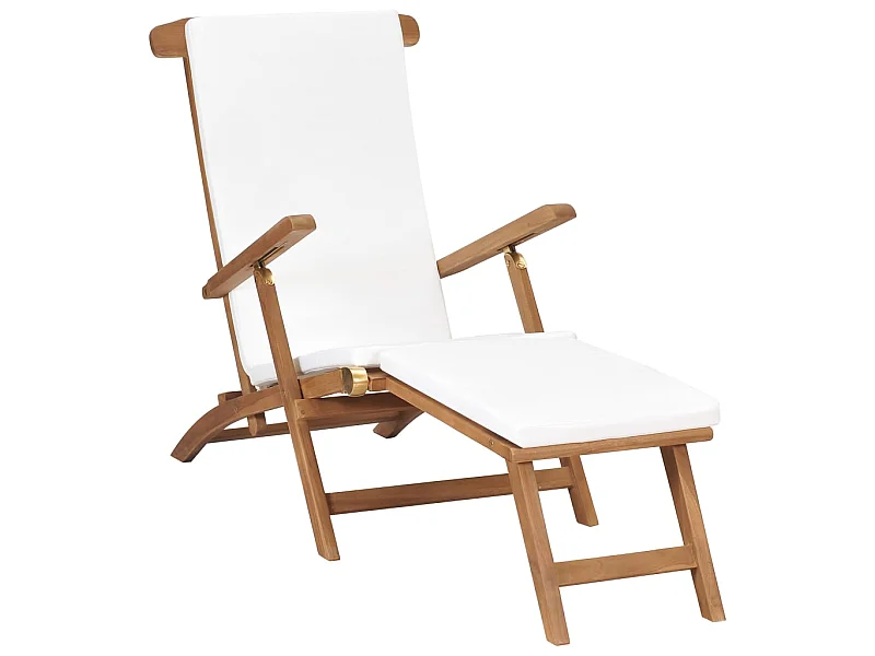 Chaise longue avec coussin Blanc crème Bois de teck solide