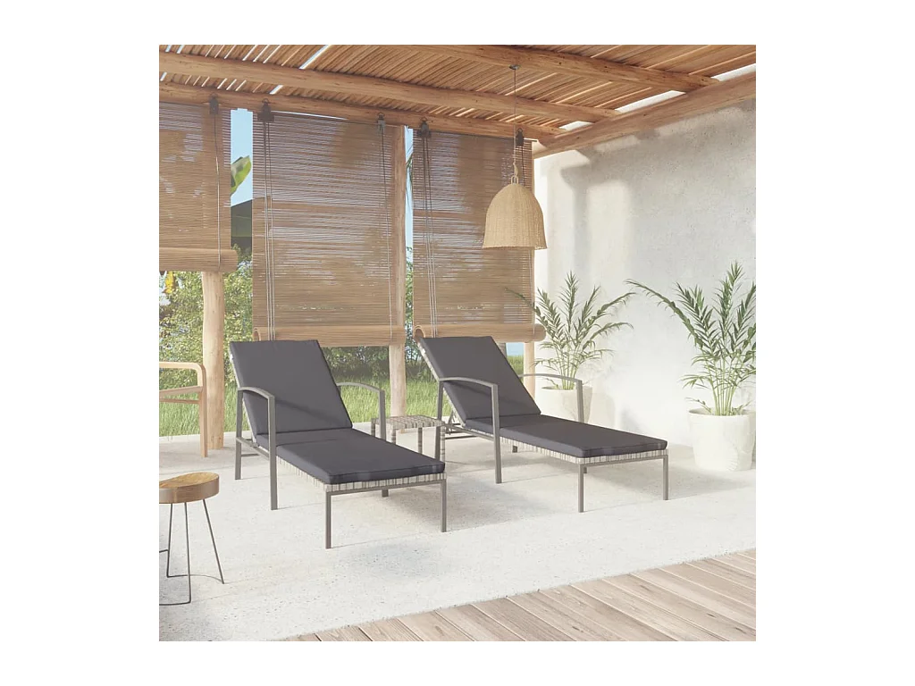 Chaises longues 2 pcs avec table Résine tressée Gris