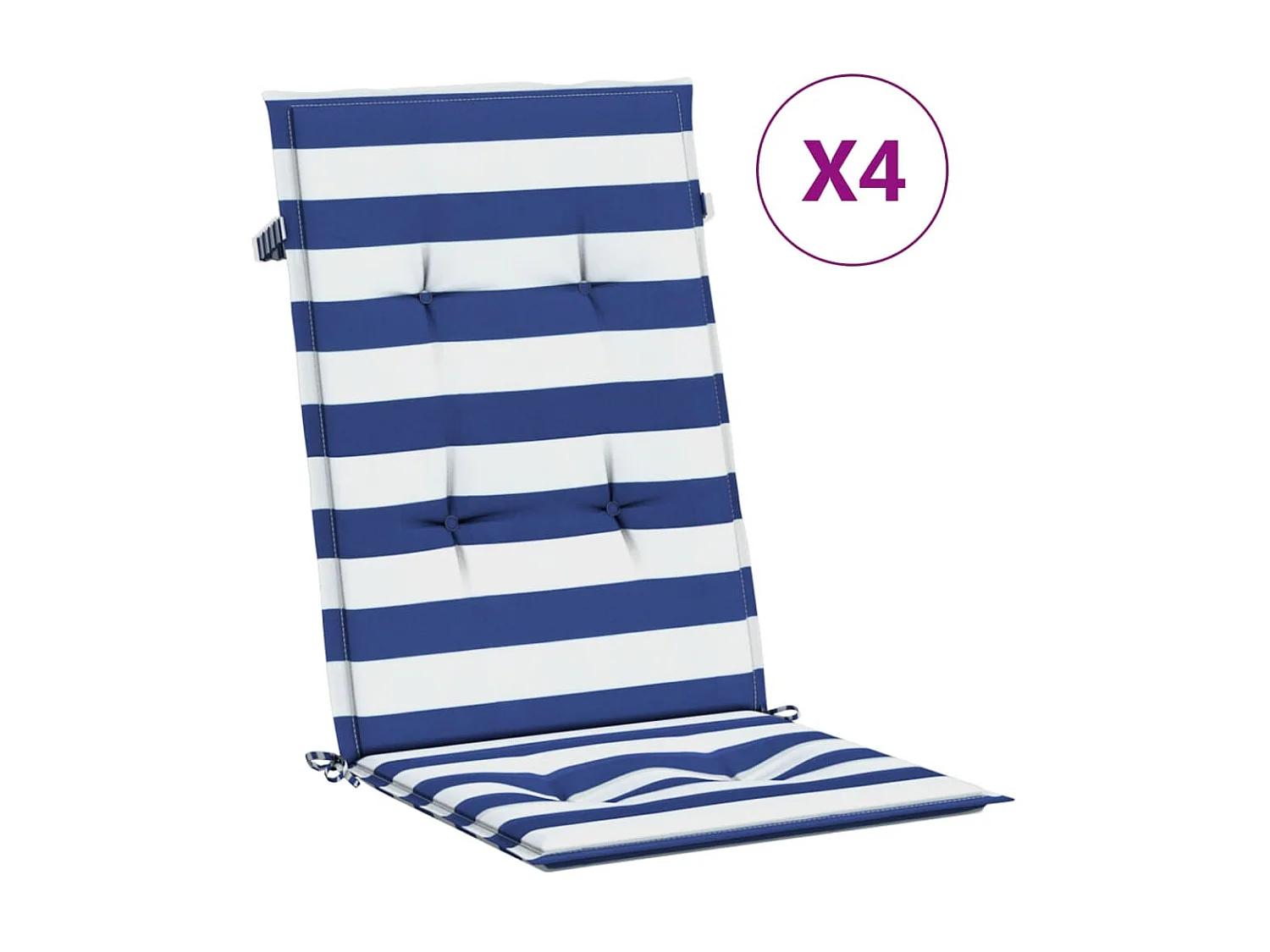 Cojines para silla con respaldo alto, 4 piezas, tela de rayas azules/blancas