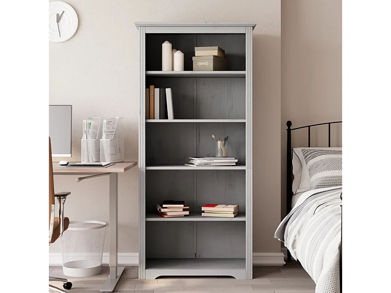Libreria BODO grigia 80x38x180 cm in legno massello di pino 5 livelli
