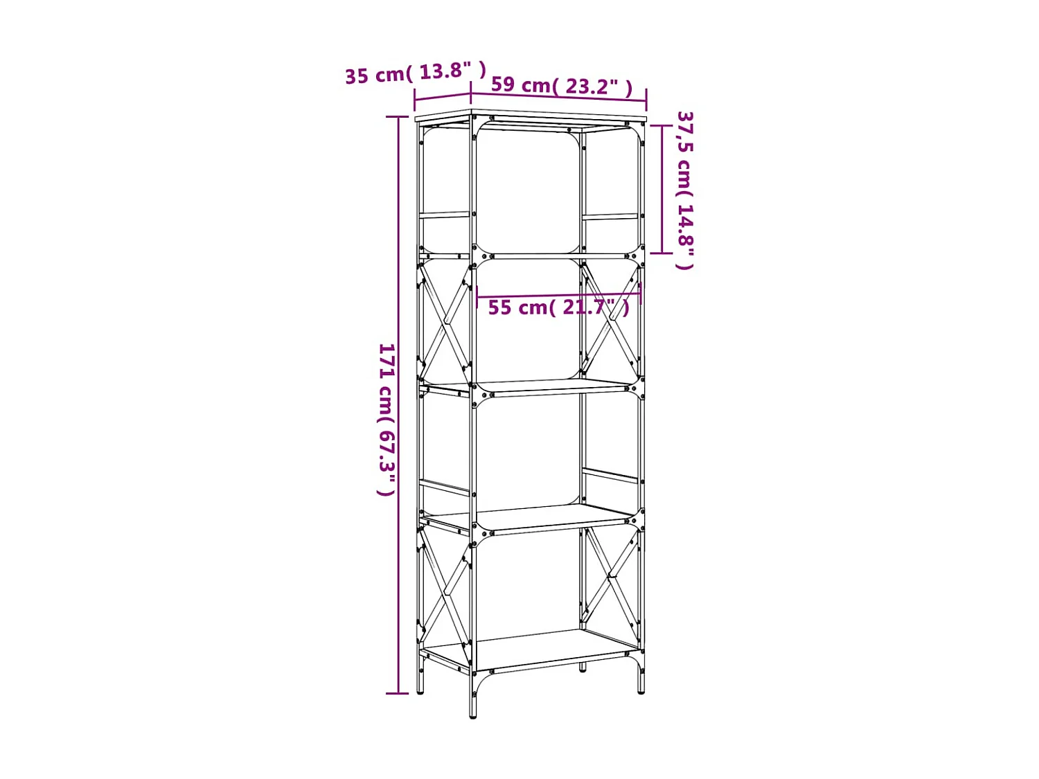 Bibliothèque à 5 niveaux chêne marron 59x35x171 cm