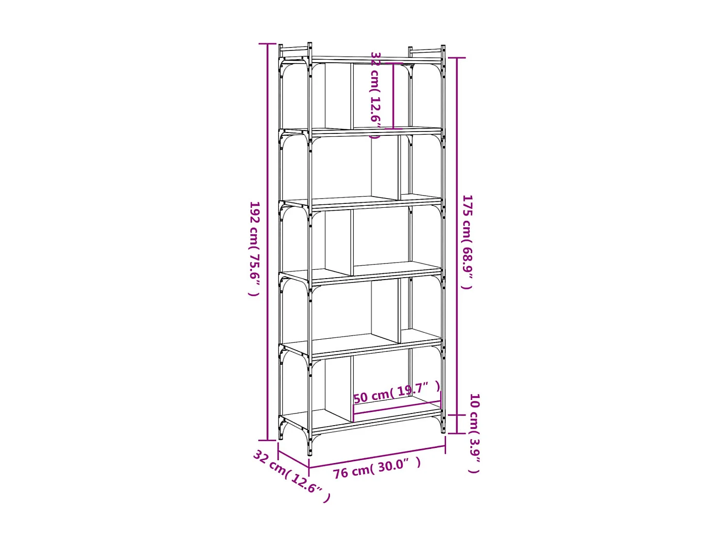 Libreria 6 livelli rovere sonoma 76x32x192 cm