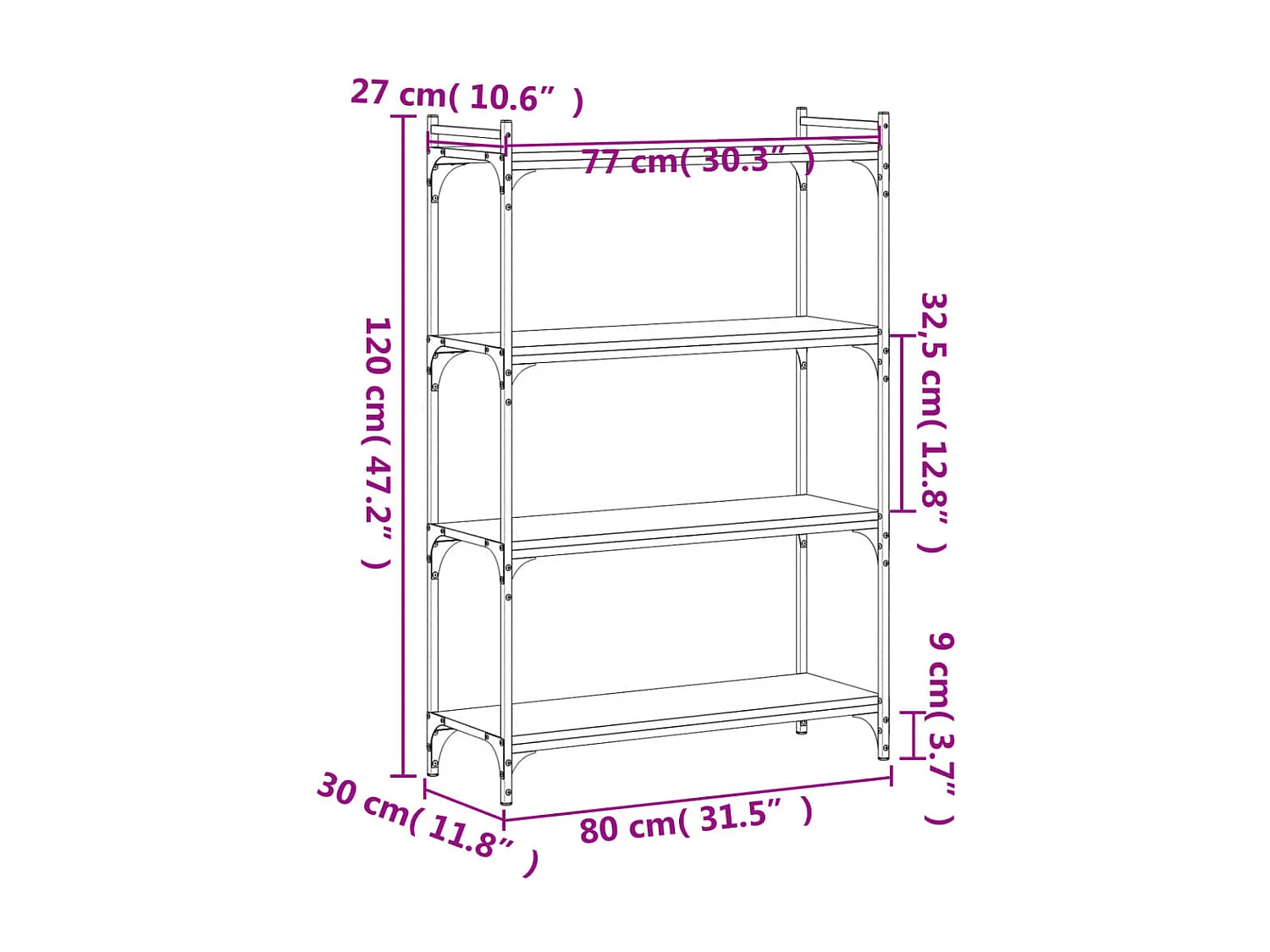 Bibliothèque à 4 niveaux noir 80x30x120 cm bois d'ingénierie