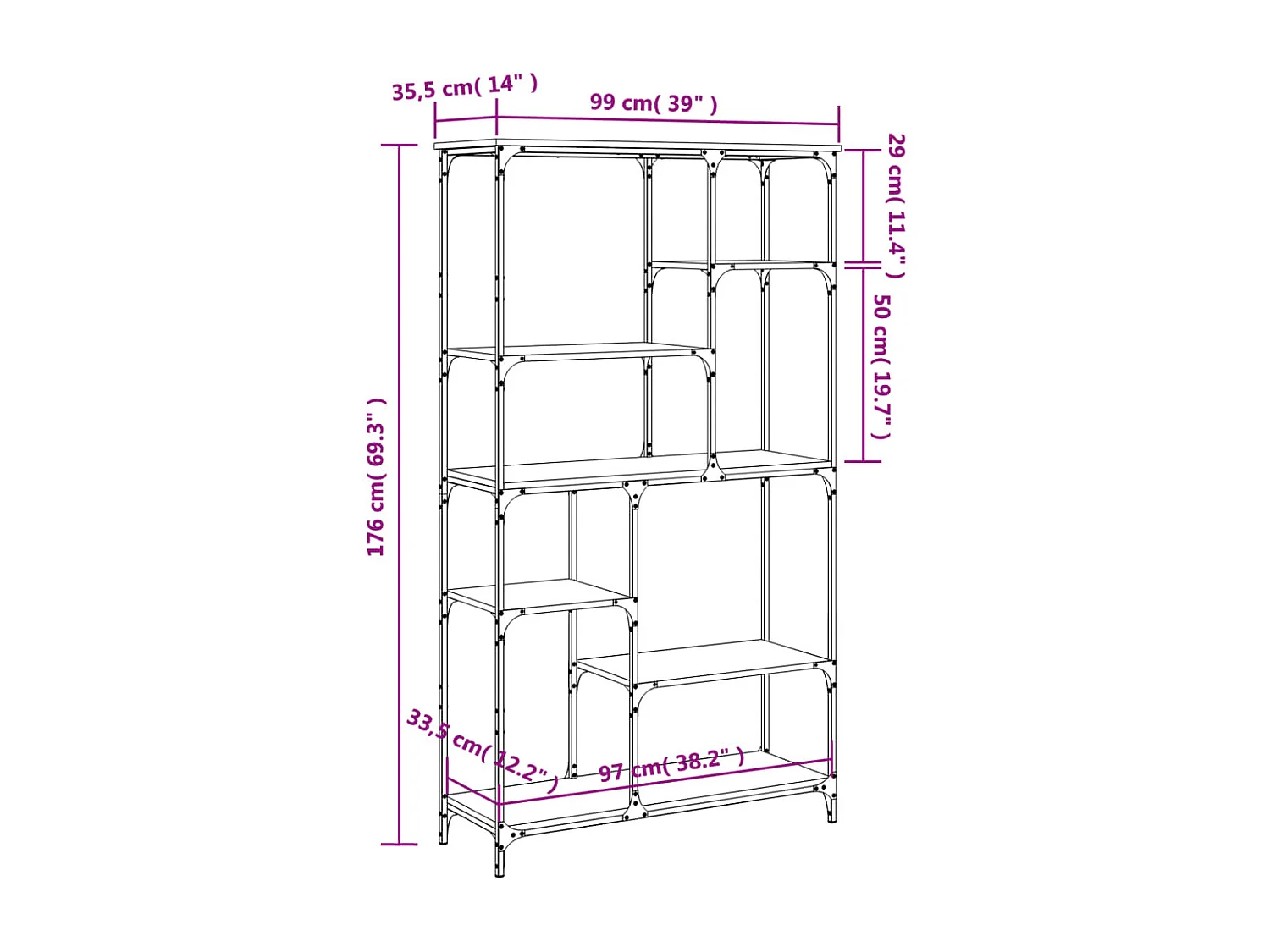 Libreria in rovere Sonoma 99x35,5x176 cm in multistrato acciaio