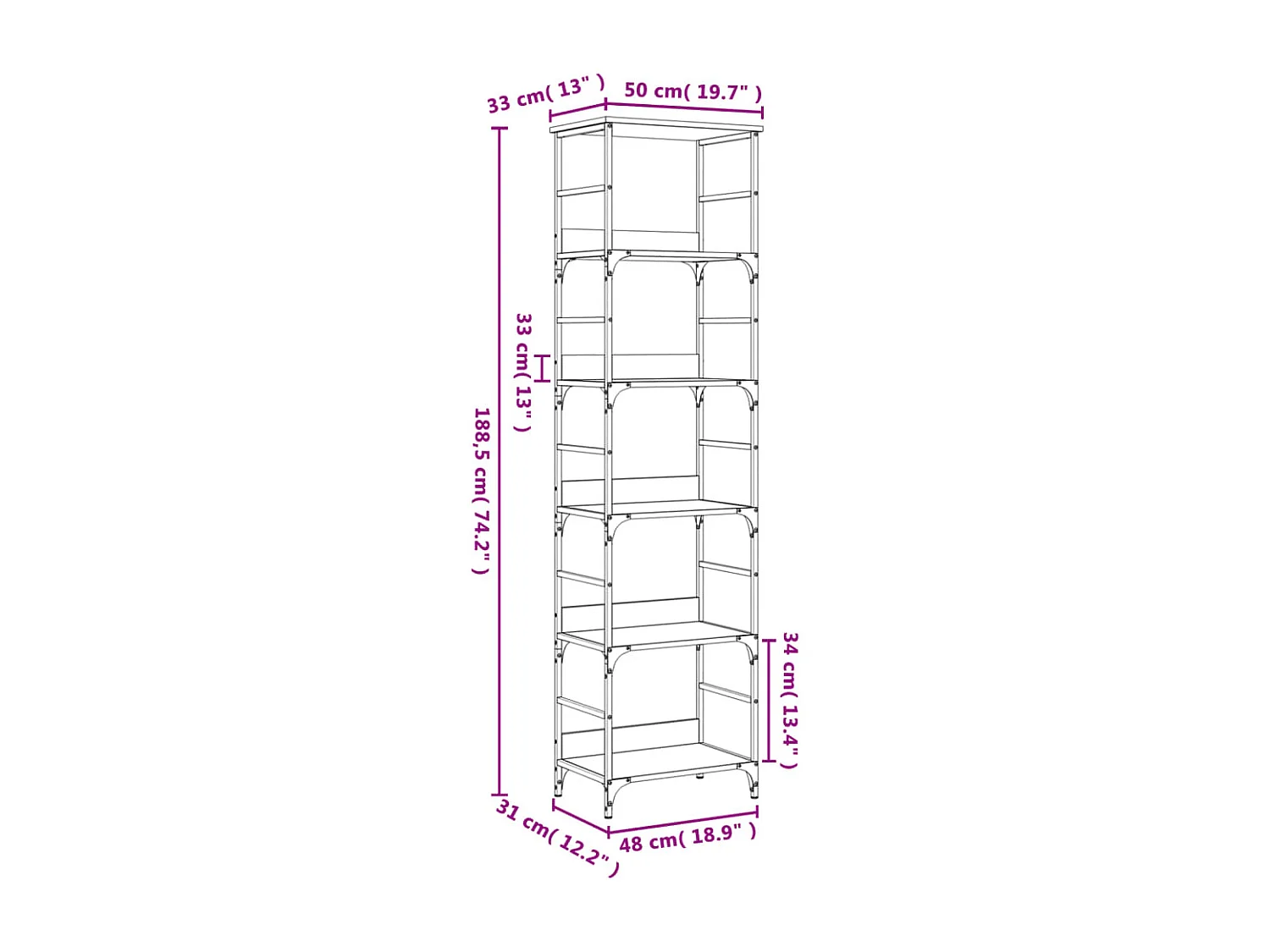 Bibliothèque sonoma gris 50x33x188,5 cm bois d'ingénierie