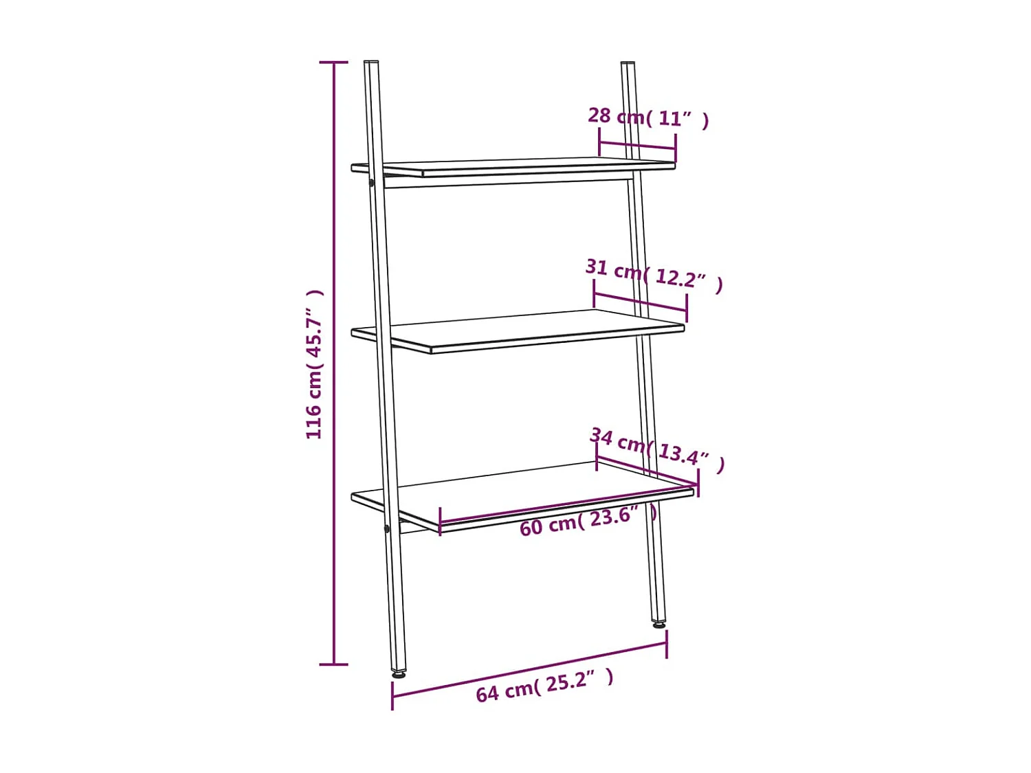 Mensola inclinata a 3 livelli Testa di moro e nera 64x34x116 cm