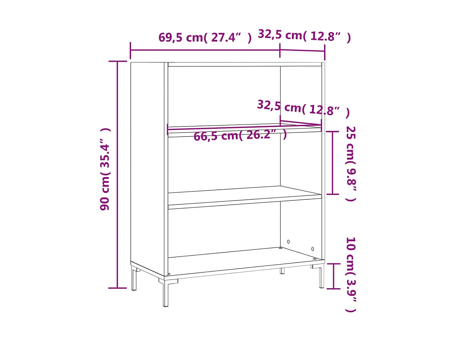 Weißes Bücherregal, 69,5 x 32,5 x 90 cm, Holzwerkstoff