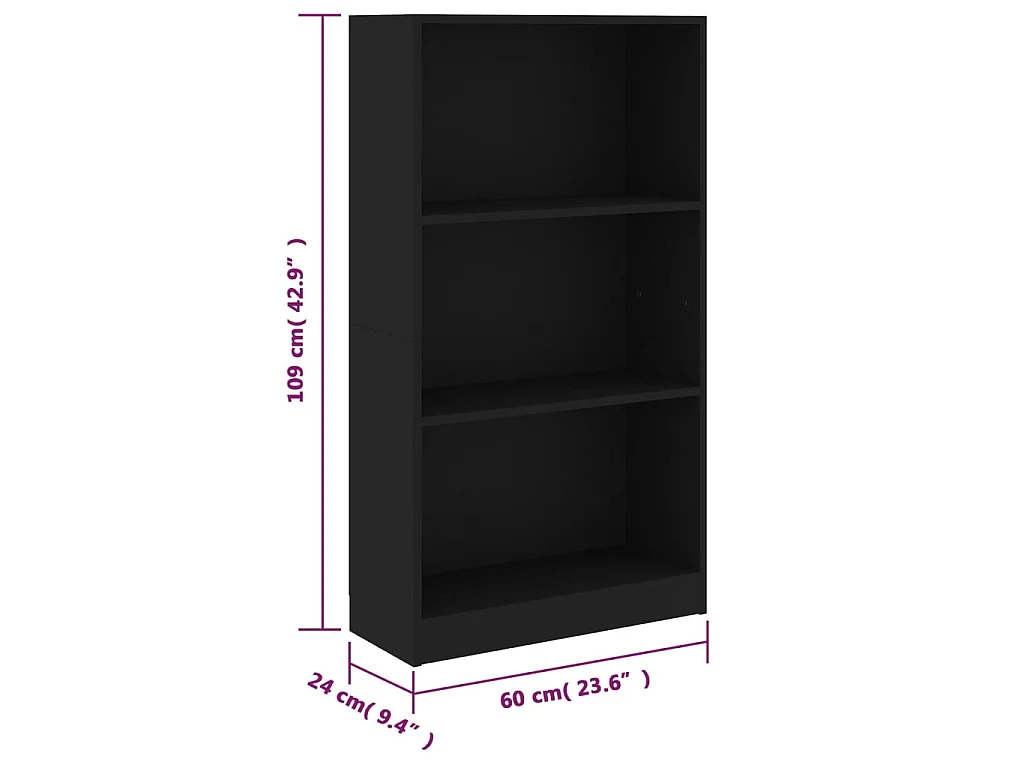 Bücherregal mit 3 Ebenen, Schwarz, 60 x 24 x 109 cm, Holzwerkstoff