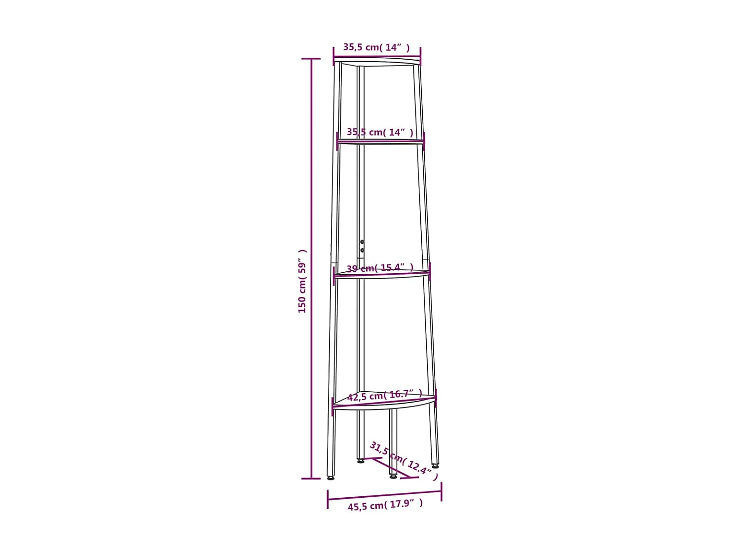 4-stufiges Eckregal Dunkelbraun und Schwarz 45,5 x 31,5 x 150 cm