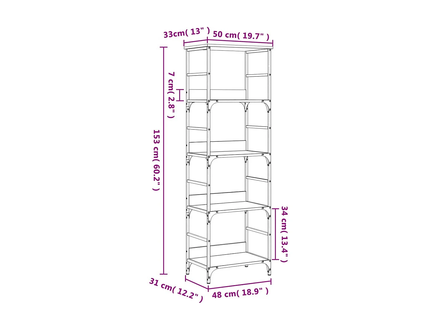 Bücherregal aus Sonoma-Eiche, 50 x 33 x 153 cm, Holzwerkstoff