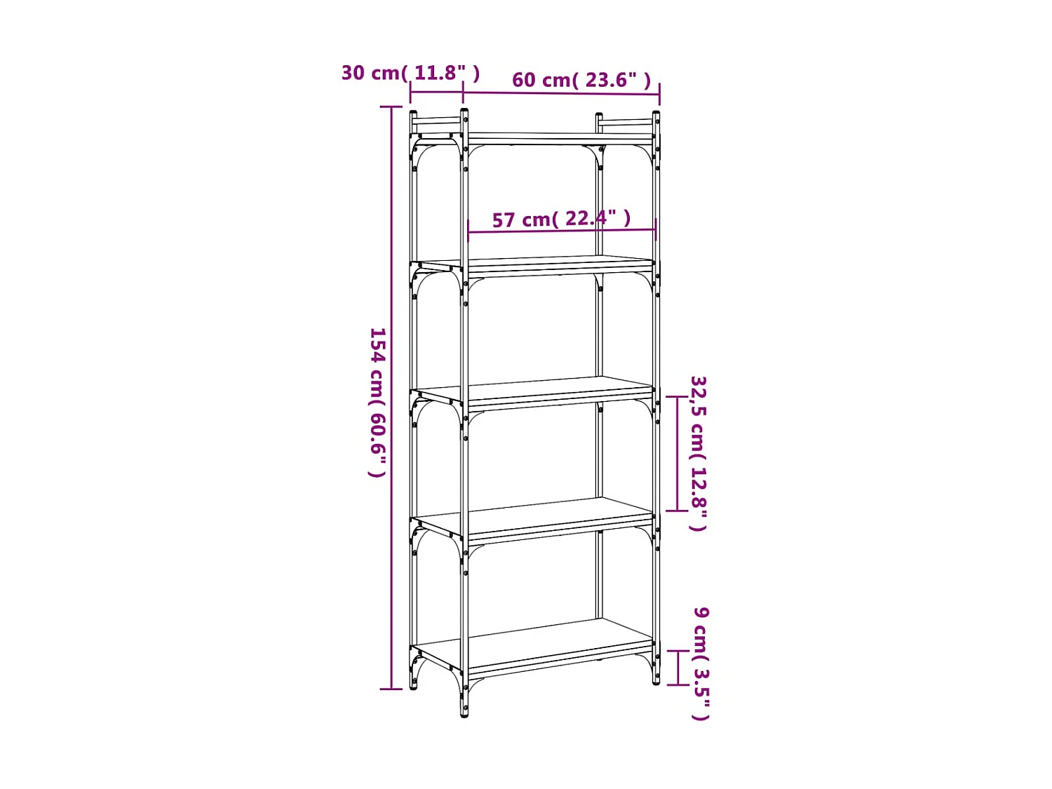 Librería 5 niveles sonoma gris 60x30x154 cm
