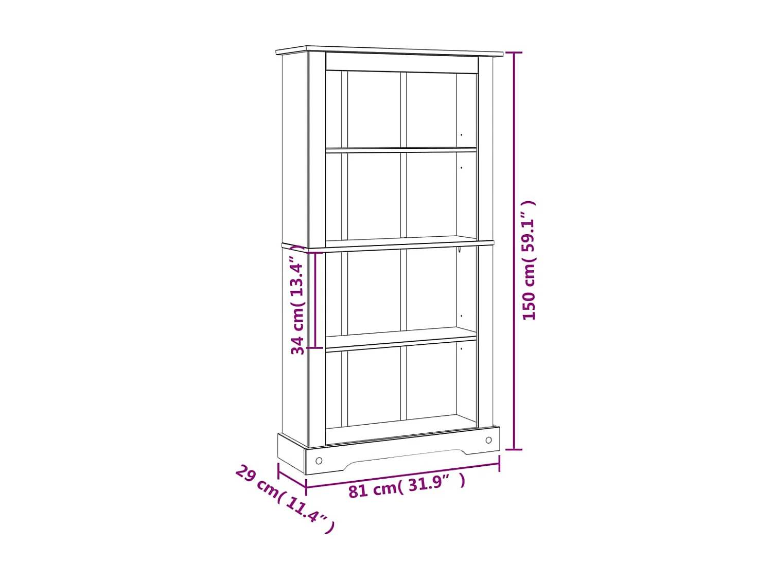 Bibliothèque 4 niveaux Gamme Corona Pin mexicain 81x29x150 cm