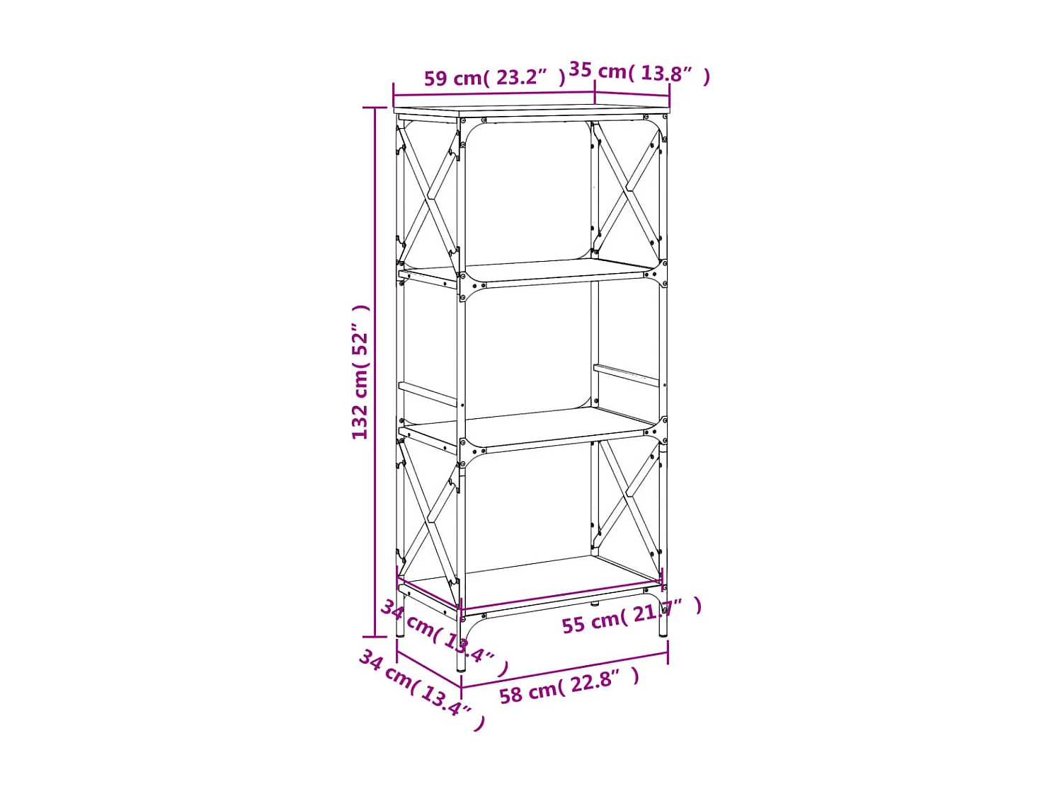 4-stöckiges Bücherregal, Sonomagrau, 59 x 35 x 132 cm