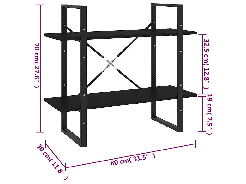 2-stöckiges Bücherregal aus schwarzer Spanplatte, 80 x 30 x 70 cm