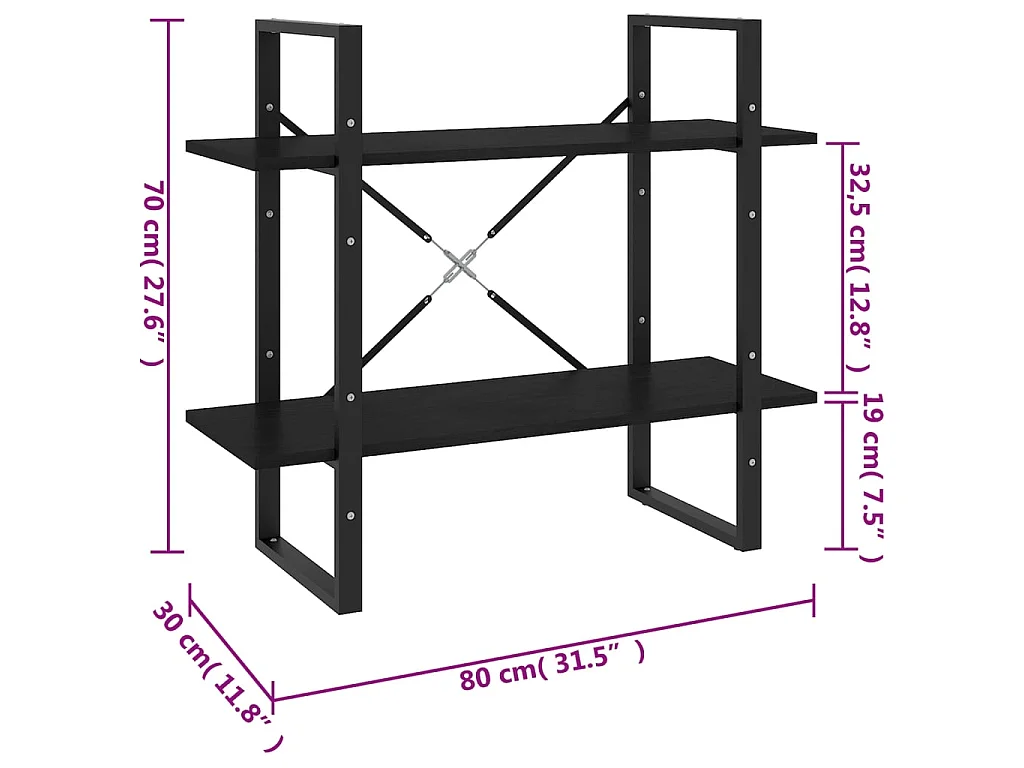 Libreria a 2 livelli Nera 80x30x70 cm Legno di pino massiccio