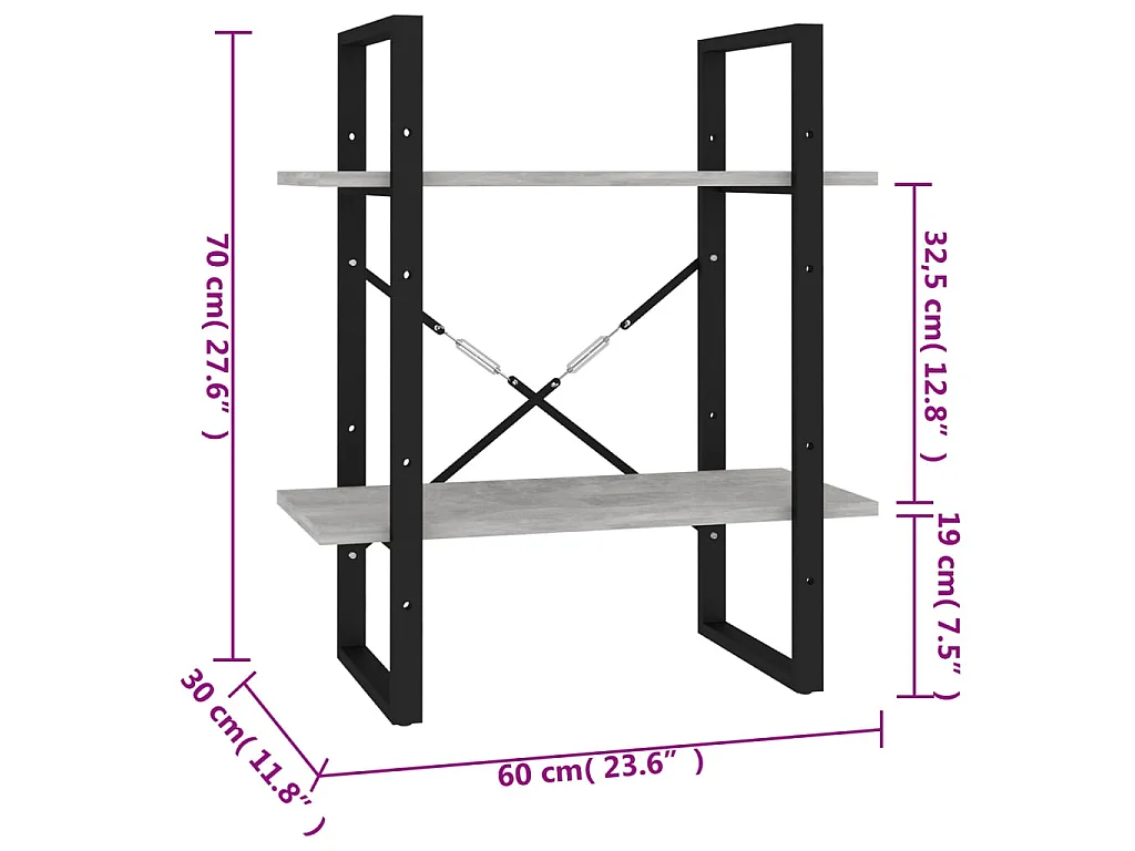 Bibliothèque à 2 niveaux Gris béton 60x30x70 cm Aggloméré