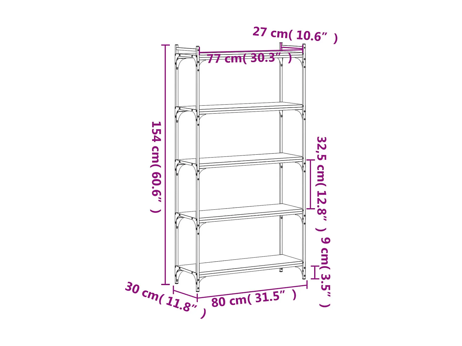 Bibliothèque 5 niveaux chêne fumé 80x30x154cm bois d'ingénierie