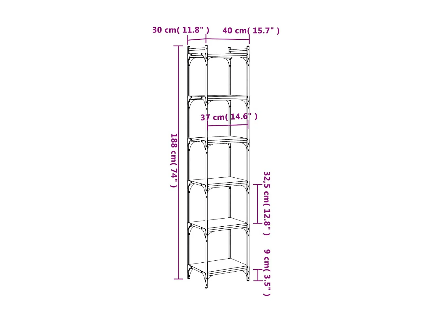 Estante 6 níveis preta 40x30x188 cm madeira trabalhada