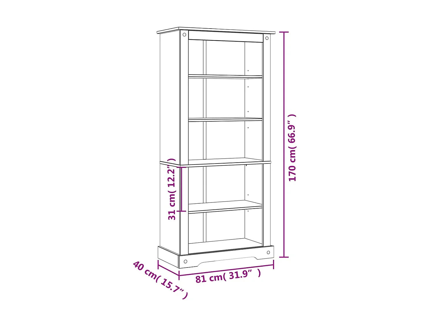 Bibliothèque 5 niveaux Gamme Corona Pin mexicain 81x40x170 cm