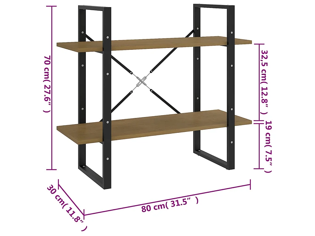 Libreria a 2 livelli 80x30x70 cm in legno massello di pino