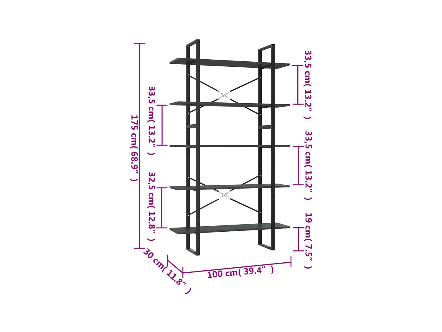 Bibliothèque à 5 niveaux Gris 100x30x175 cm Bois d'ingénierie