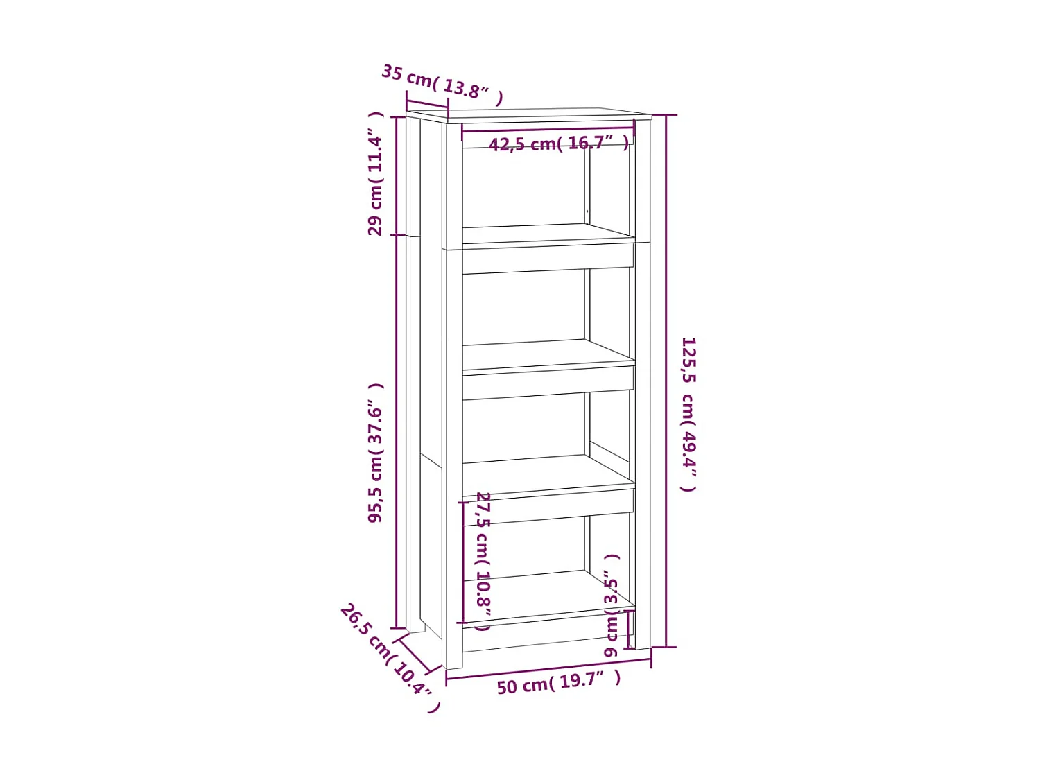 Bücherregal Weiß 50x35x125,5 cm Massives Kiefernholz