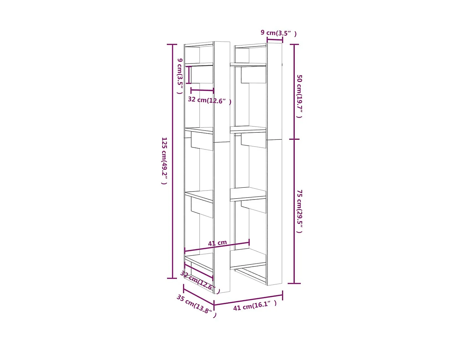 Bibliothèque/Séparateur de pièce Blanc 41x35x125 cm Pin solide