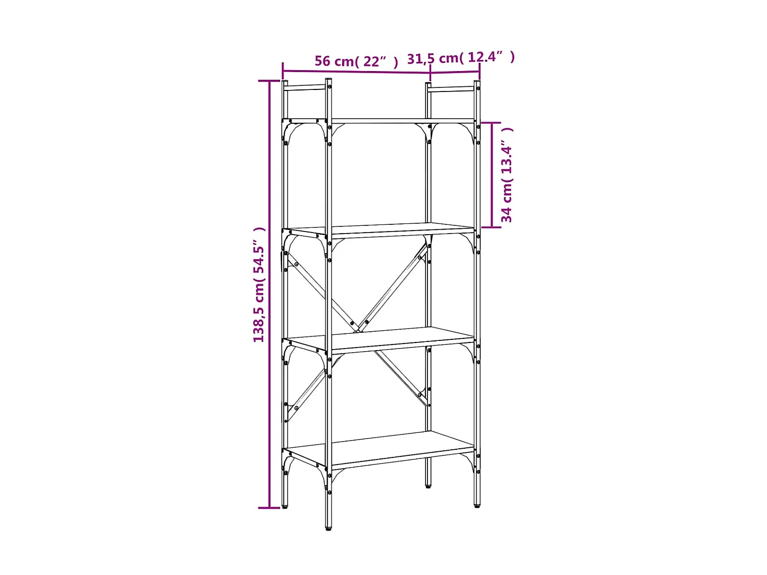 Estante de 4 andares preta 56x31,5x138,5cm madeira projetada