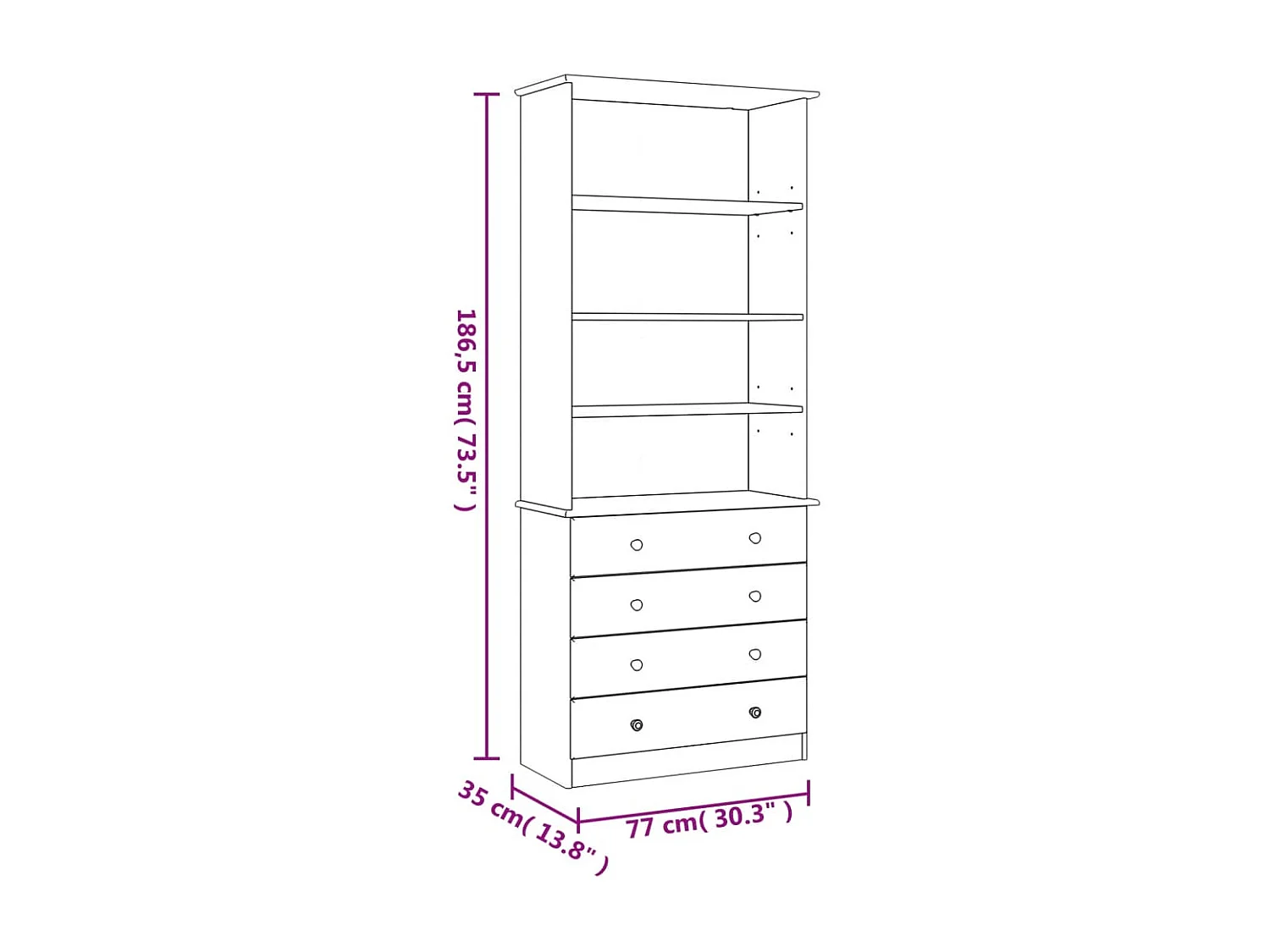 Bibliothèque avec tiroirs ALTA 77x35x186,5cm bois massif de pin